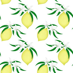 Lemon Fruits with flowers and leaves. Seamless Floral Pattern.