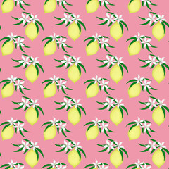  Seamless Floral Pattern on pink background. Lemon Fruits with flowers and leaves.