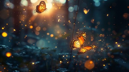 Abstract and magical image of Firefly and butterfly flying in the night forest. Fairy tale concept. - Powered by Adobe
