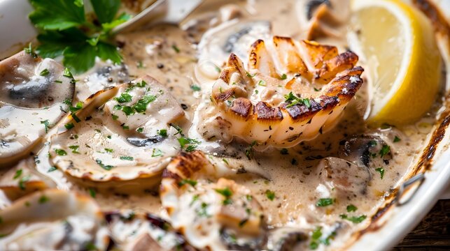 Coquilles St Jacques, scallops baked in a creamy mushroom sauce