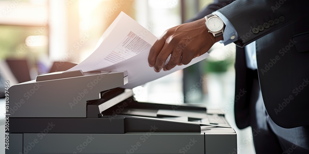 Poster efficient office workflow: businessman utilizing multifunction printer, scanner, and copier for stre
