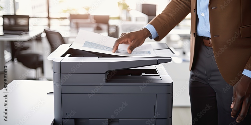 Poster efficient office workflow: businessman utilizing multifunction printer, scanner, and copier for stre