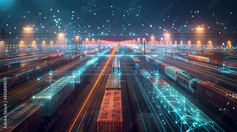 Aufkleber a striking visualization of a rail freight terminal at night, illuminated by futuristic digital netw