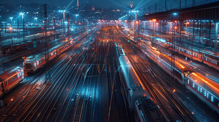 Obraz premium Night falls over a bustling railway station, with trains in motion illuminated by vibrant light trails, creating a dynamic and futuristic cityscape. 