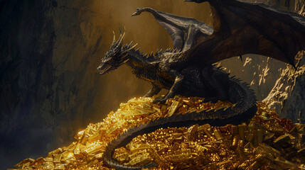 Fantasy Art of a Dragon Resting on a Massive Pile of Gold