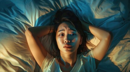 The issue of brain diseases can lead to chronic and severe migraines resulting in a tired Asian woman laying on a bed struggling with mental health issues This scenario embodies the essence