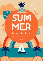 Retro flat summer disco party poster with pineapple, rainbow and tropic landscape. Vector illustration