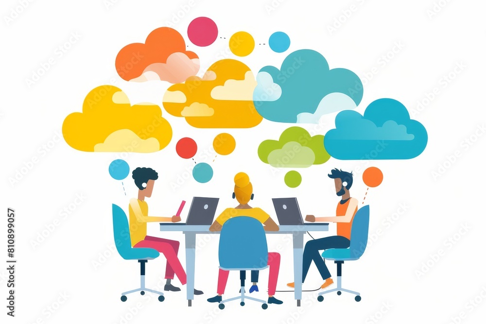 Poster connectivity and teamwork thrive with laptop digital planning; edge computing elevates cloud computi