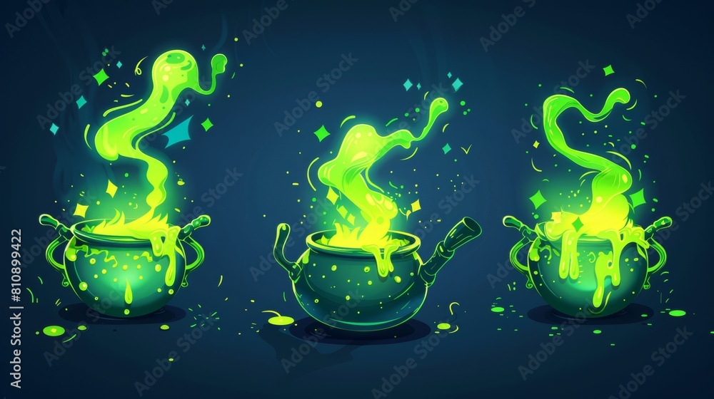 Aufkleber this historical witch cauldron animation set features a magic potion boiling in a pot, sputtering an