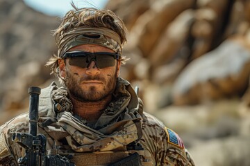 Obraz premium Stern-looking soldier in desert camouflage with sunglasses and a rifle standing in a desert environment