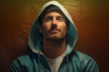 Portrait of a blissful man in his 30s wearing a windproof softshell isolated on serene meditation room