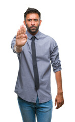 Adult hispanic business man over isolated background doing stop sing with palm of the hand. Warning expression with negative and serious gesture on the face.