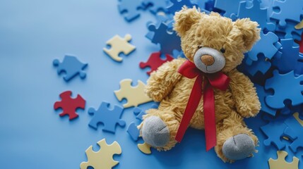 World Autism Awareness Day showcases the concept of mental health care through the poignant symbolism of a teddy bear and a ribbon in a puzzle pattern set against a blue background