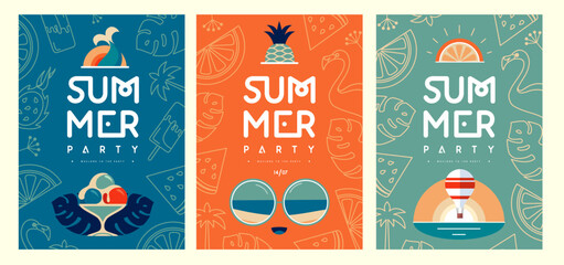 Set of retro flat summer disco party posters with summer attributes. Vector illustration
