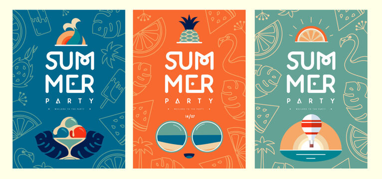 Set of retro flat summer disco party posters with summer attributes. Vector illustration