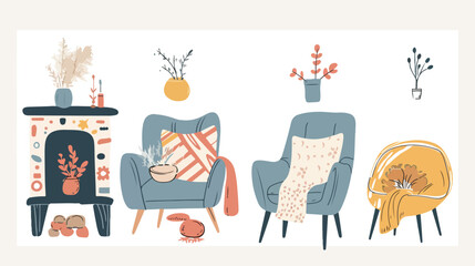 Four of hygge elements with text. Hand-drawn illustration