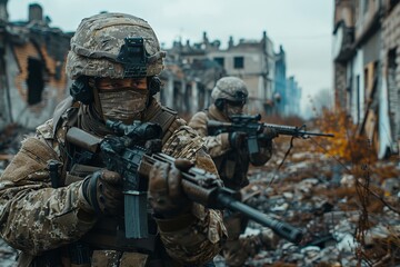 Fototapeta premium Close-up of focused soldiers aiming their rifles in a devastated urban landscape, highlighting war's impact