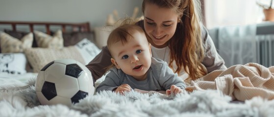 Newborn baby being played with by a caring mother, mom bonding with a toddler and baby holding a soccer ball. Concept of childhood, new life, motherhood.