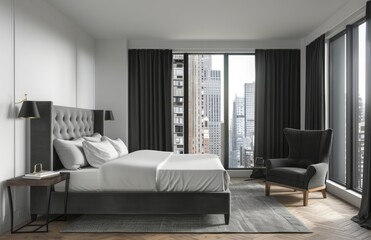 A modern bedroom with white walls, parquet floor and large windows overlooking the city
