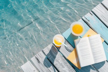 flat lay of a juice and book on a wooden deck next to swimming pool