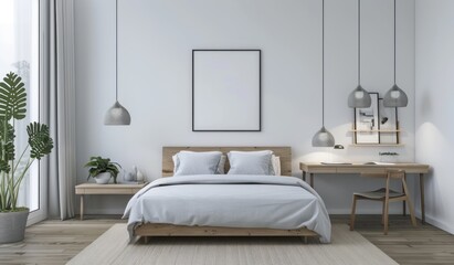 A modern bedroom with white walls, wooden floors and a large bed in the center