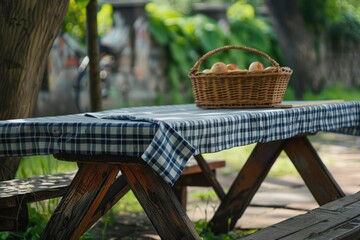 wooden picnic table set with checkered tablecloth and basket