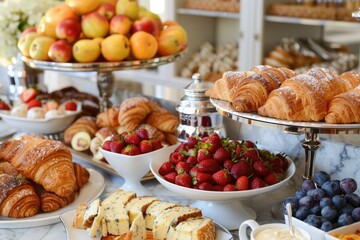 continental breakfast buffet with berries, croissants, pastries