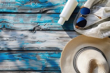 top view of a sun hat, sunglasses, sunscreen lotion on blue weathered wooden background with copy space