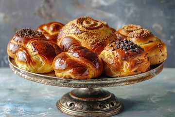 freshly baked brioche buns on a cake stand
