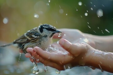 little bird drinking water from child's hands