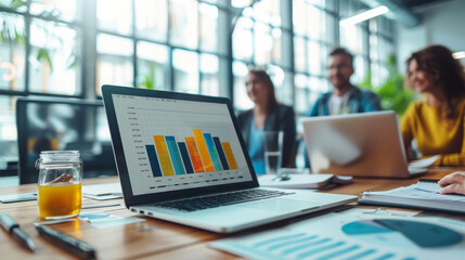 Diverse team collaborates in a modern office setting, using laptop for business analysis