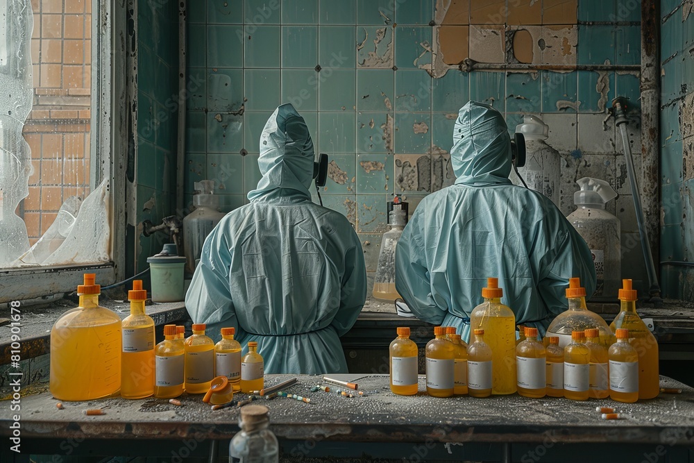Poster two individuals in protective labs analyzing substances in an abandoned lab
