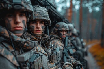 Fototapeta premium A group of soldiers in forest terrain, wearing helmets and tactical gear, appearing vigilant and ready