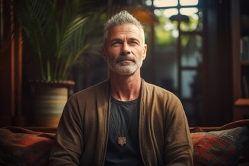 Obraz premium Portrait of a glad man in his 50s wearing a cozy sweater over serene meditation room