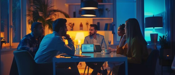 In an evening meeting room, different creative colleagues discuss a new business opportunity. Close up of a tablet computer with a timeline for project planning and development.