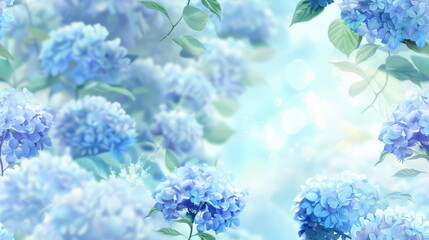 Naklejka premium Seamless pattern. Lush blue hydrangeas with soft bokeh, ideal for botanical wallpapers or tranquil nature themes.