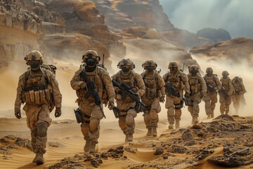 A squad of heavily equipped soldiers marches through a desert sandstorm, showcasing teamwork