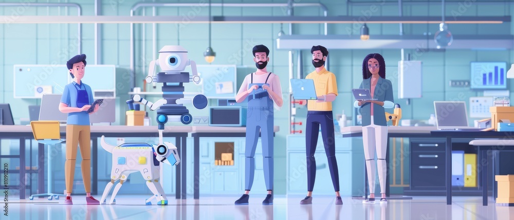 Poster in the scientific technology laboratory, a robotics engineer, project manager, and machine operators