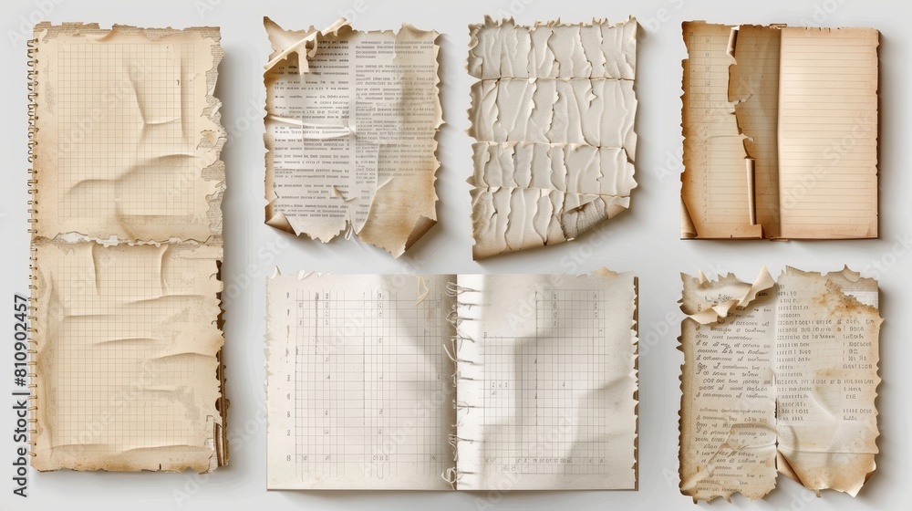 Poster torn notes and scraps of paper with square grid and striped pattern. old notepad and copy book pages