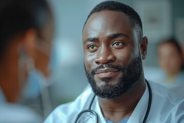 Close-up of serious African-American doctor in white coat listening intently