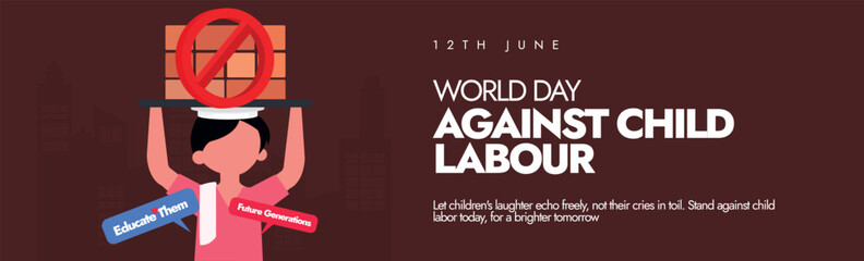 World Day Against Child Labour. 12th June Child labour day cover banner with a boy carrying a heavy loaded bricks Vector Illustration. 
