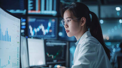 Focused female scientist analyzing data on multiple screens in high-tech laboratory