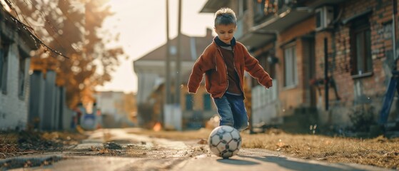 A young Caucasian boy playing with a ball in the neighborhood. A boy practicing soccer drills, doing kick-ups. A teenager dreaming of becoming a professional football player. A desaturated color