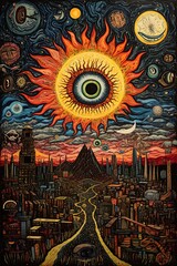 Obraz premium Sun over the city. Abstract poster in art brut style. Poster design illustration. Generative Ai