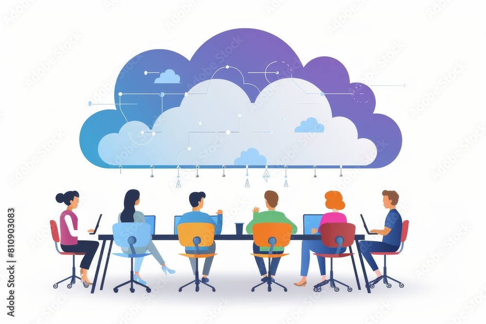 Poster symbol of innovation in collaborative cloud hosting on online platforms represents the future of wor