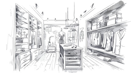 Freehand sketch of apparel shop interior with counter