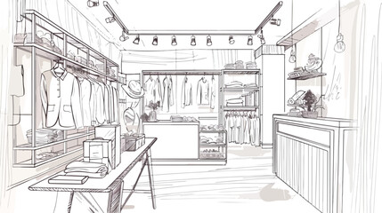 Freehand sketch of apparel shop interior with counter