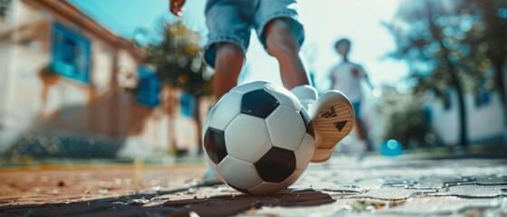 Children playing football at a neighborhood pitch. Getting ready to play soccer with friends. Enjoying childhood with sports, action and good friends.