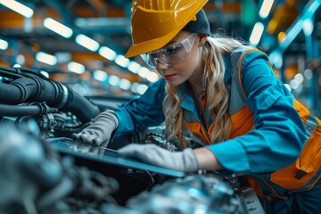 A female engineer meticulously examines a car engine, representing expertise and attention to mechanical detail