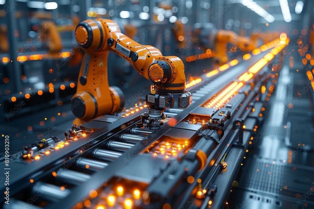 Aufkleber multiple automated robotic arms lined up in a row, demonstrating complex industrial technology